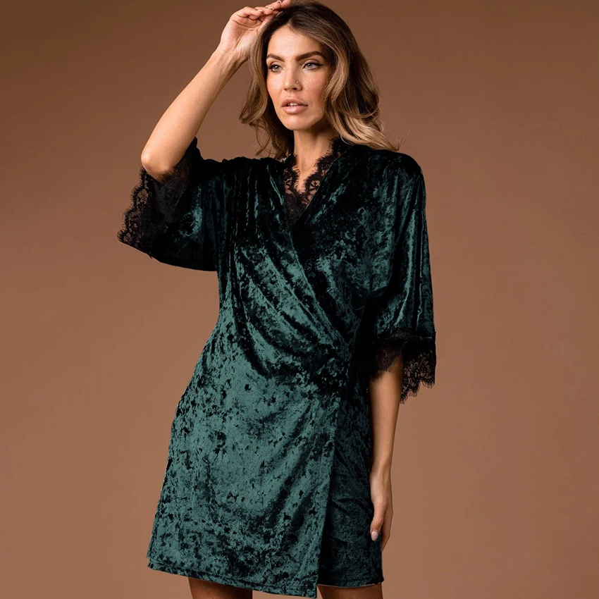 Hiloc pletené pyžamové zamatové rúcho žien Ženy spánok Lace Lace zostrihva nočná župan Žena nočná nočná košeľa polovičné rukávy nočné oblečenie 2024 rúcho