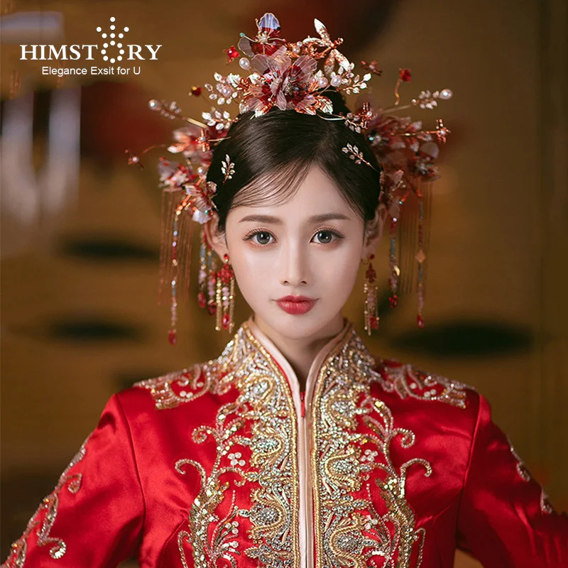 Himstory Vintage Wedding Crown Hair šperky svadobná hlava zlatý červený kvet motýľa Hanfu Headress pre Wome