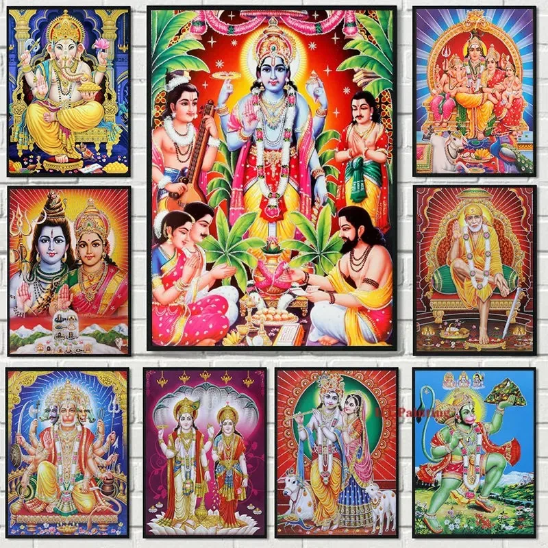 Hinduistický boh bohyňa Lord Shiv Parvati Ganesha Hanuman Canvas Painting India Náboženské umenie Obývacia izba Domáca výzdoba