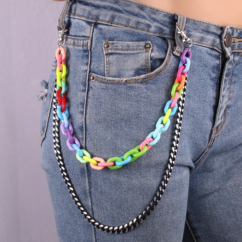 Hip Hop 2024 Rainbow Color Resin Retial Keychain for Girls Dámske reťazec pás Akrylové kovové nohavice reťazce módy y2k šperky