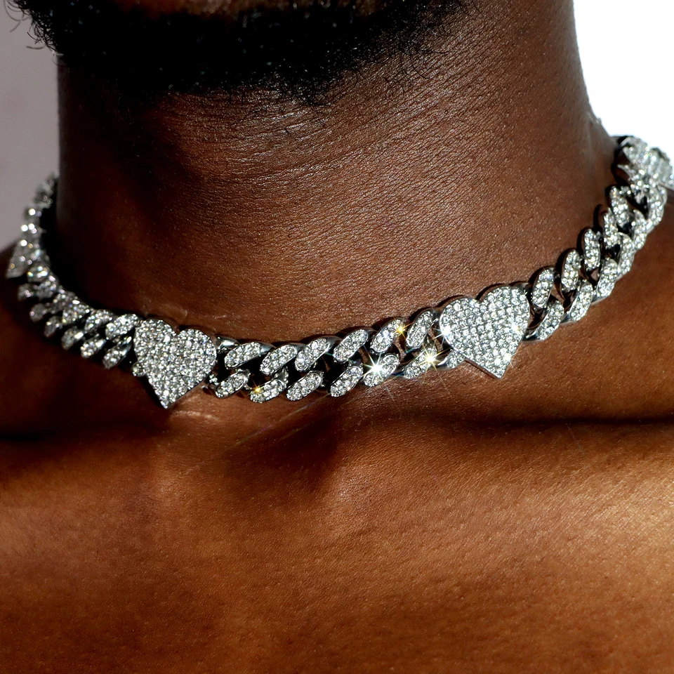 Hip hop bling ľadové kubánske reťazce náhrdelník pre mužov pre mužov Full Ghinestone Dláždené náhrdelníky Choker Dámske ženy Valentín