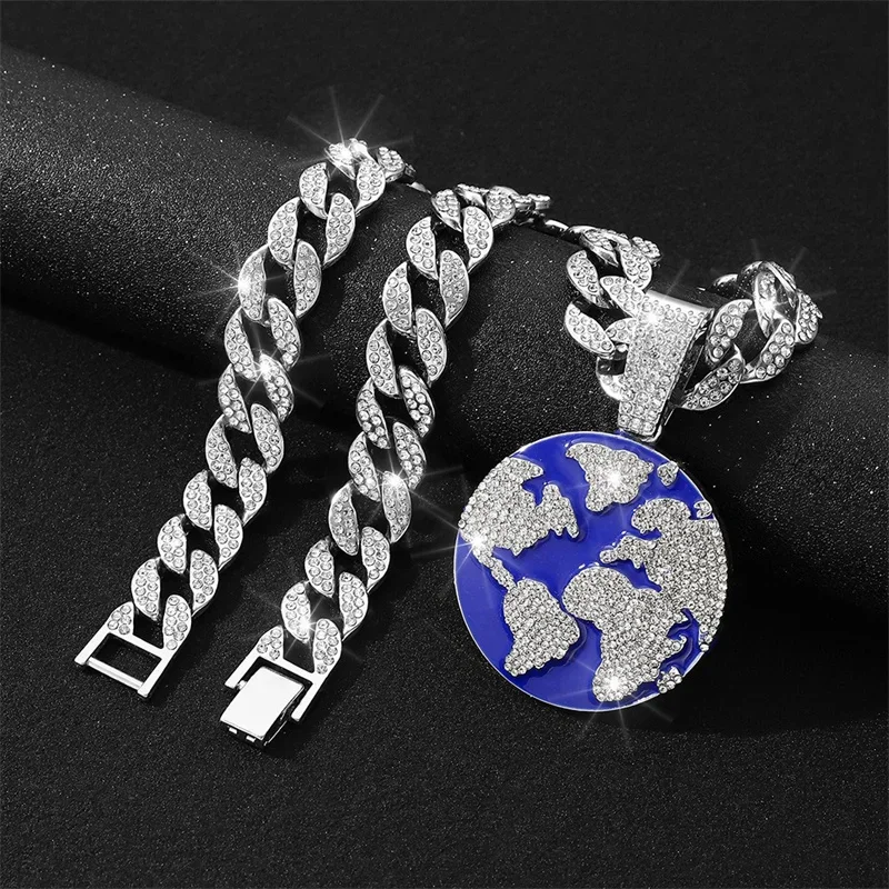 Hip Hop Blue Earth Pendants náhrdelníky s ľadovými krištáľovými miami kubánsky reťaz hiphop hiphop choker módne punkové šperky