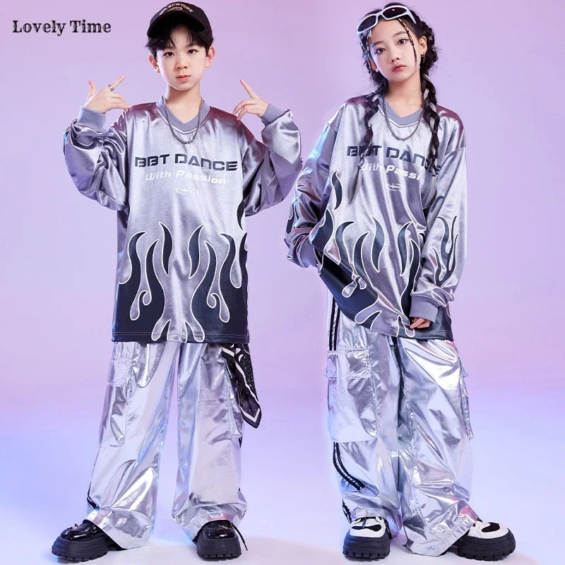 Hip hop chlapci lesklý plameň mikina strieborné nákladné nohavice dievčatá K-pop oblečenie Set Kids Jazz kostýmy detská škola uniformné streetwear