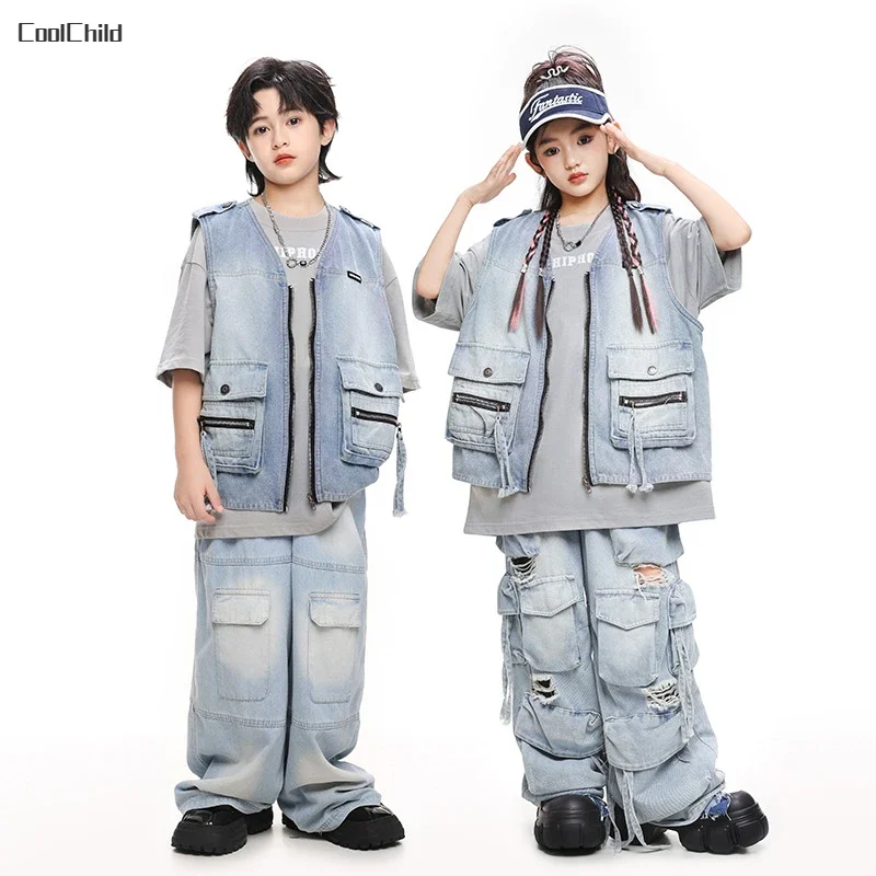 Hip hop chlapci tričko retro denim džínsová vesta roztrhané džínsy dievčatá Streetwear Cargo Pants Detské tanečné oblečenie detské pódium kostým