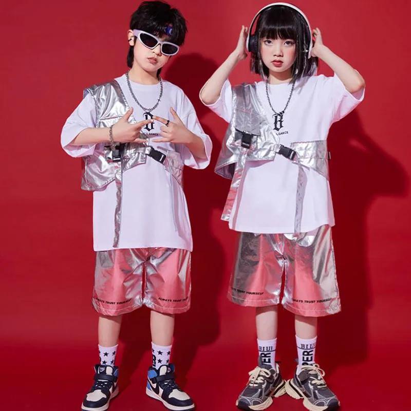 Hip hop clonovanie chlapci Tshirt strieborná vesta dievčatá Flitrovanie streetwear Street Dance Shorts Detské oblečenie sady detských dospievajúcich kostým