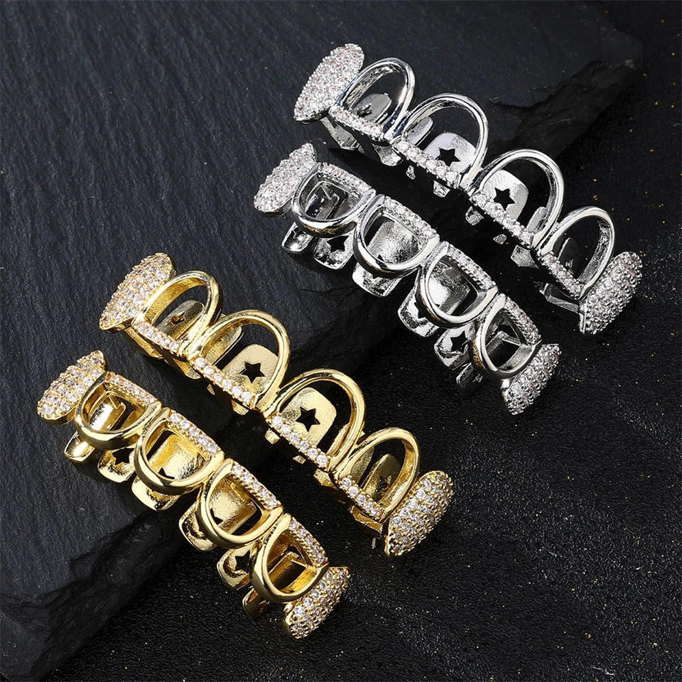 Hip hop cz hviezda duté zuby Grillz čiapky kubické zirkón Iced out out Micro Pave Top and Bottom Charm Grills pre mužov Dámske šperky vianočné
