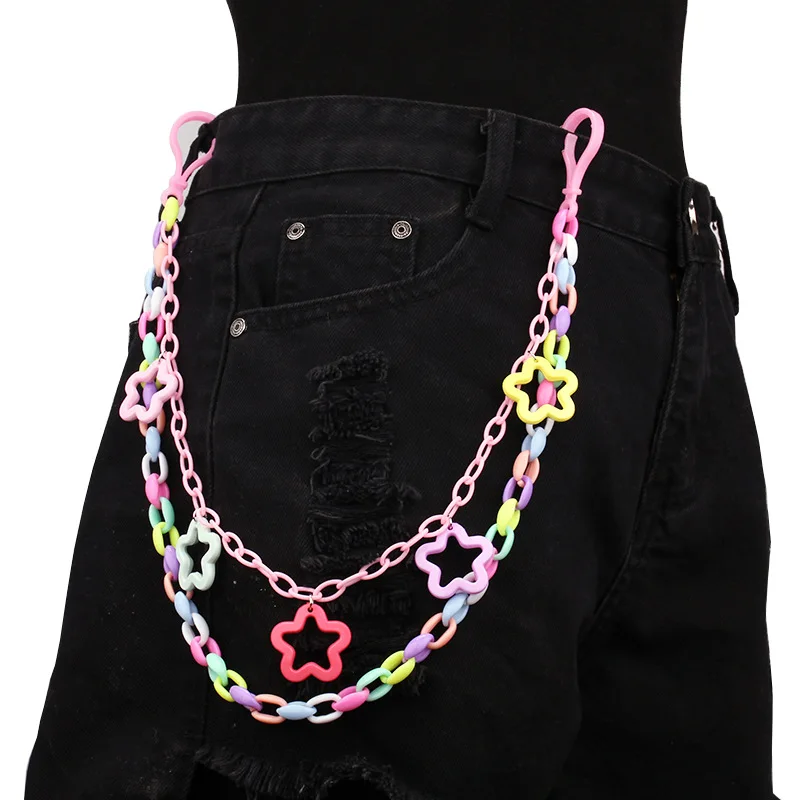Hip hop dúžová živici retiazka Keychain Men Ženy roztomilý reťaz v páse Multicolor Acryl Dutlow Stars Nohavice reťaz Punk šperky