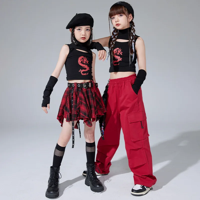 Hip hop girls Dragon Crop Top Street Dance Dance Plaid sukne Detské jazzové nohavice módne kostýmy detské oblečenie na streetwear