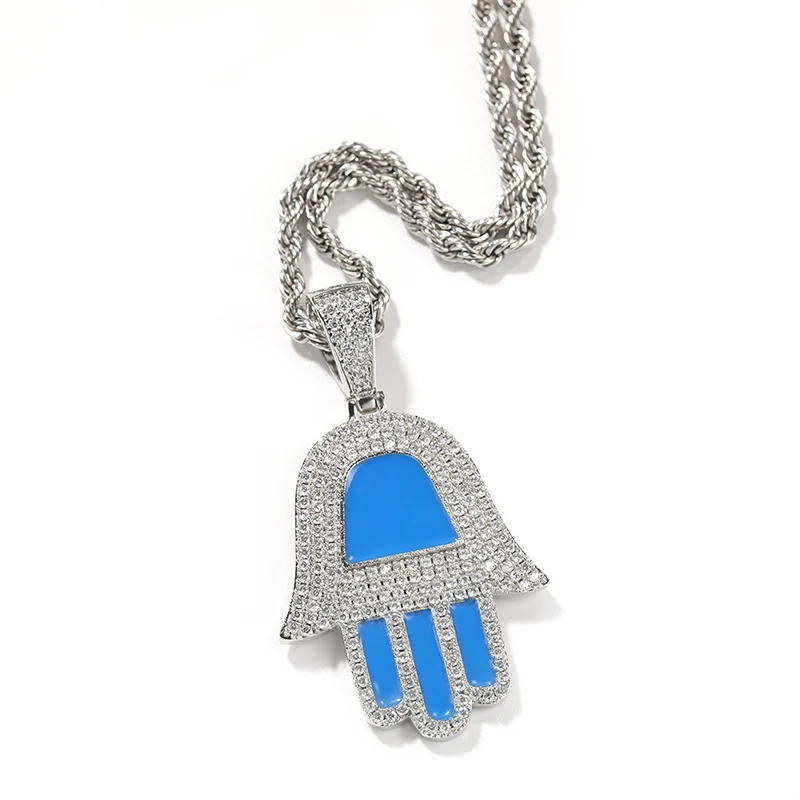 Hip hop mikro spevnené 3A+ kubické zirkónia bling ľadové z modrého kvapkajúceho oleja fatima ruky prívesky Náhrdelníky pre mužov rapper šperky