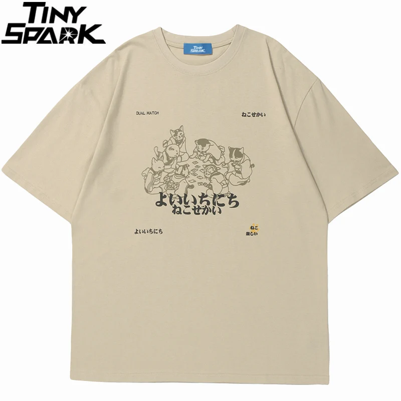 Hip hop muži streetwear tričko japonské kanji zvieratá tlačené tričko 2024