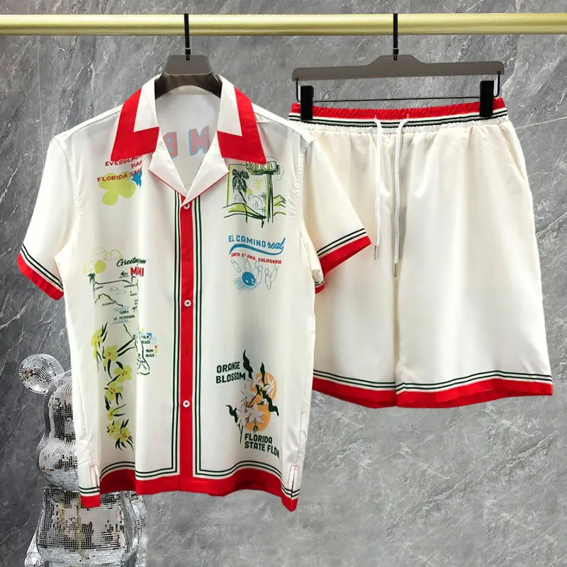 Hip hop neformálny pláž dovolenky s krátkym rukávom s krátkym rukávom havajský košeľa Streetwear Letter Patterns Tirls Streetwear Men tracksuit Men Set