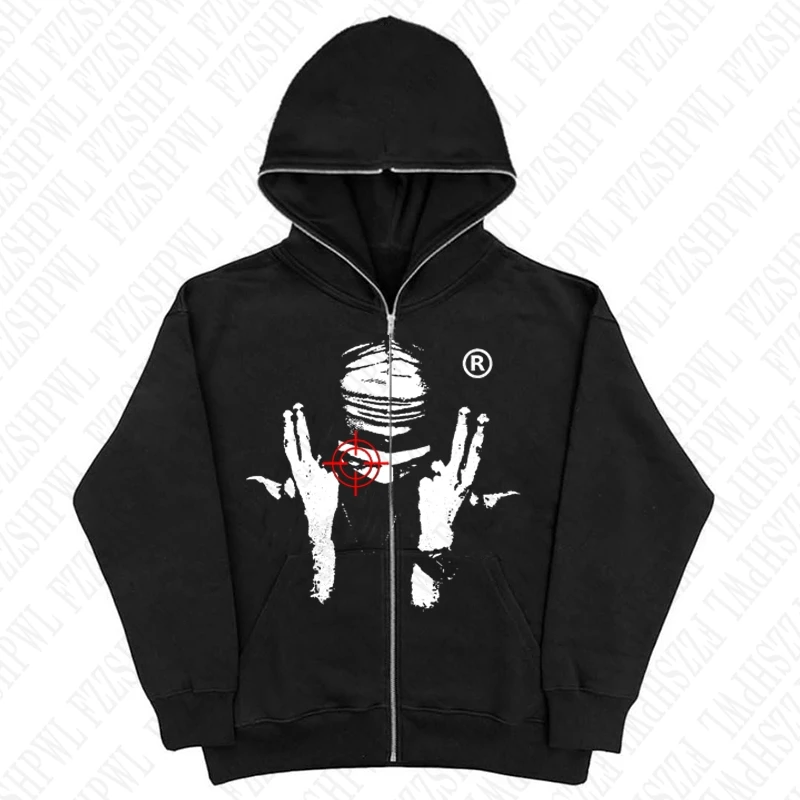 Hip hop punk streetwear voľný dlhý rukáv Top vinobranie grunge goth chic y2k zips UP Hoodie 2000s 2000 Harajuku grafická tlačová bunda emo