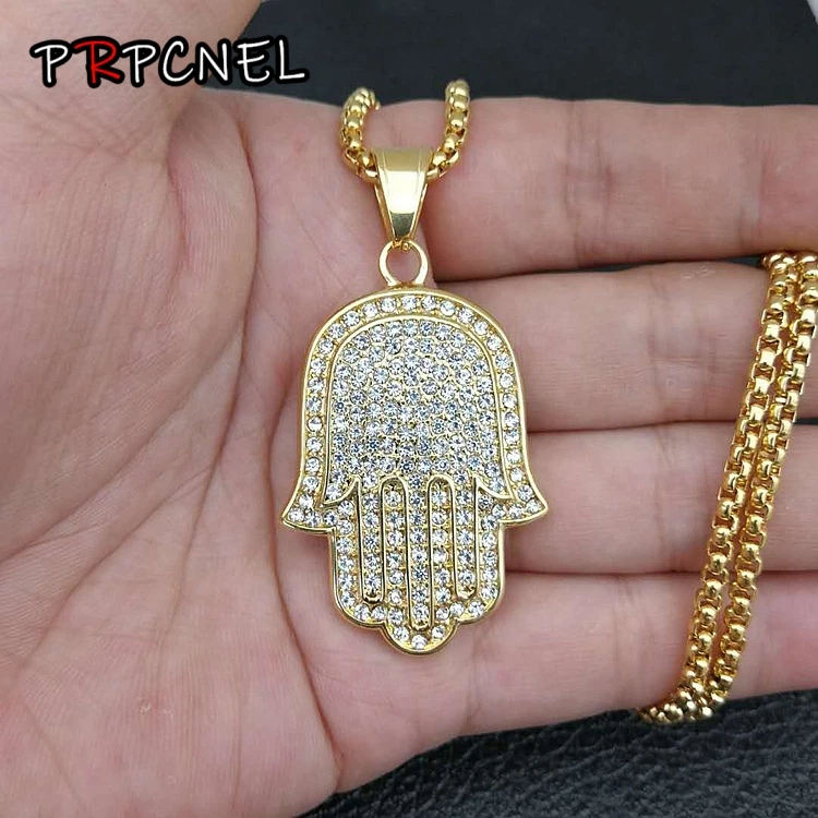 Hip hop punk zlato farba 316L z nehrdzavejúcej ocele Fatima Palm Hamsa Amulet s zirkónovými príveskovými náhrdelníkmi pre mužov modlitebné šperky