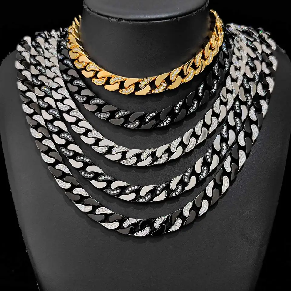 Hip hop šperky Luxusné ľadové out striebro/zlato/čierna kubánska reťaz pre mužov pre mužov bling zirkón 12 mm náhrdelník z nehrdzavejúcej ocele No Fade