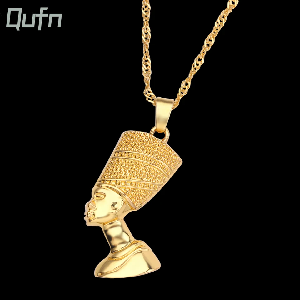 Hiphop Exotic Egyptian Queen Nefertiti prívesok náhrdelníkov pre ženy mužov Zlatá farba unisex retiazky