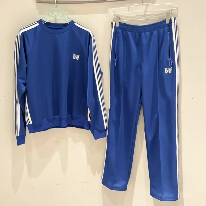 Hiphop Street Men Ženy pokročilé modré vyšívané motýľové bočné pruhy bunda Tracksuit Turniss Loose Sports Pants Mikiny