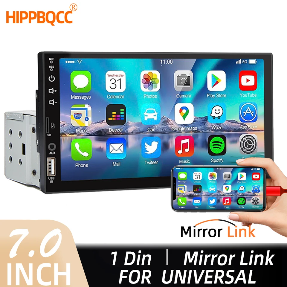HIPPBQCC 7 palcový automobil Rádio 1 DIN MP5 Mirror Link Multimedia Player Touch Screen FM USB Bluetooth AUX Vstup ISO Power Auto Radio Radio