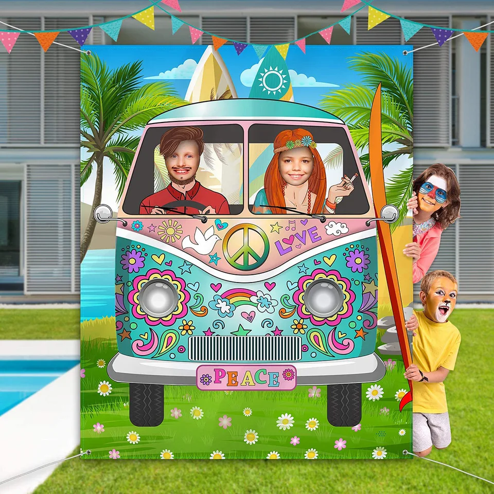 Hippie Bus Mier a Love Groovy Pozadie 1. prvé narodeniny Decor Decor 50s 70s 70. roky v pozadí diery pre deti Aldult