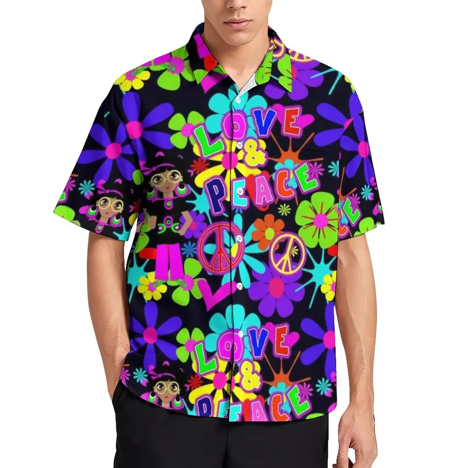 Hippie Flower Power Casual Tirle Muž pokoj farebný 60. roky retro letné tričko Cool blúzky s krátkym rukávom nadrozmerné