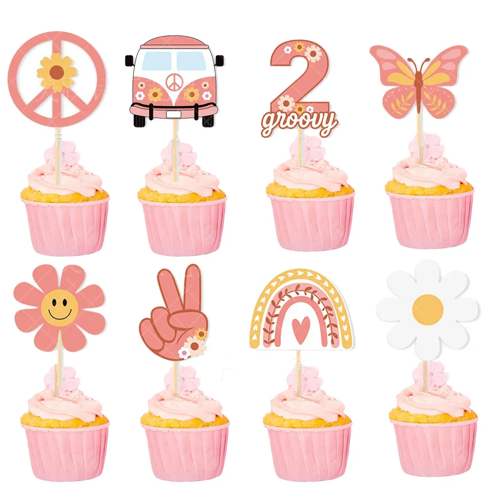 Hippie Party Cupcake Toppers Two Groovy Cupcake Picks Daisy 60. roky retro boho koláči
