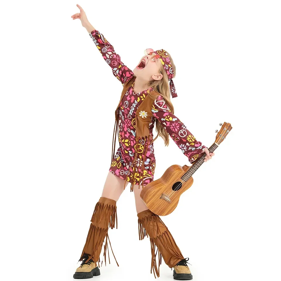 Hippy Costume Set for Girls Rocker Performance Performance Dress Kids Kids Festival Party Cool Suit Summer Fancy Outfit