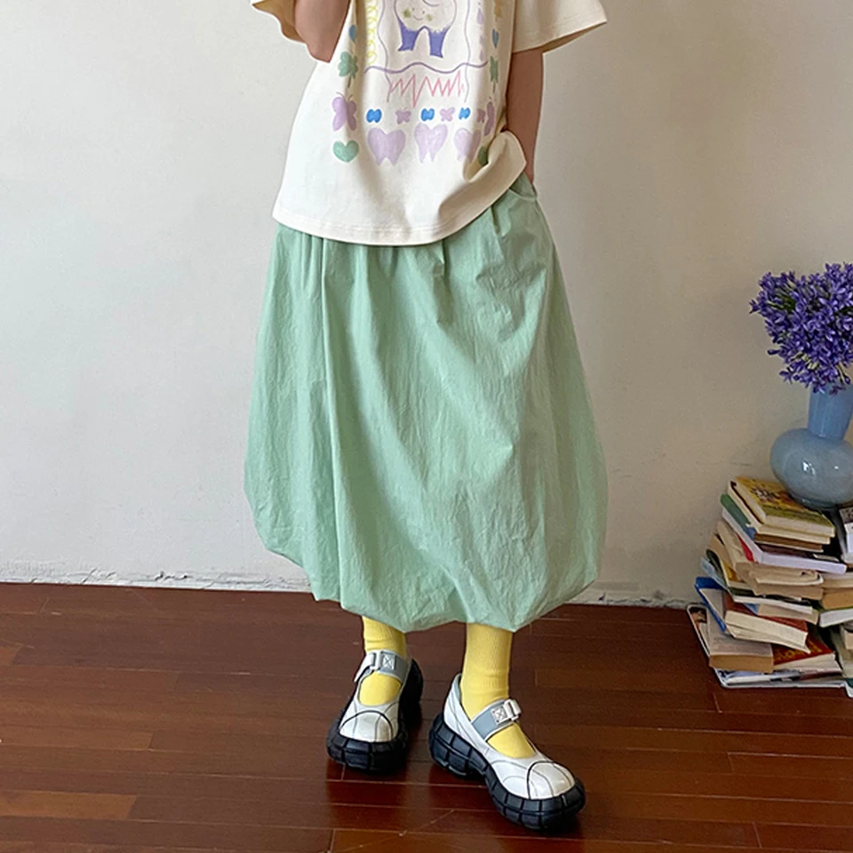 Hirigin Dámsky vintage elegantný elastický elastický pásikový skladaný piknutý tuhá farba Summer Puffball Hem Long Bubble Bud sukňa s vreckami