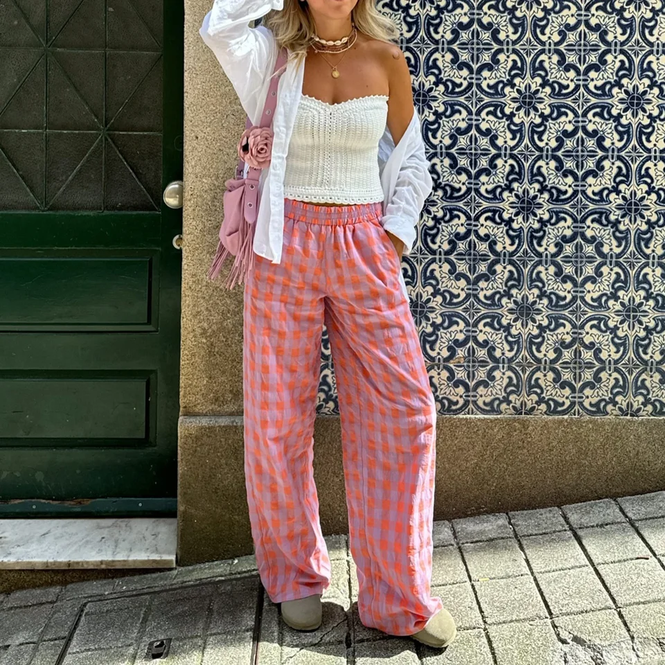 Hirigin Women Vintage Y2K oblečenie široké nohavice na nohy Y2K Plaid Vytlačené voľné nohavice Summer boho palazzo nohavice 90. roky grunge oblečenie