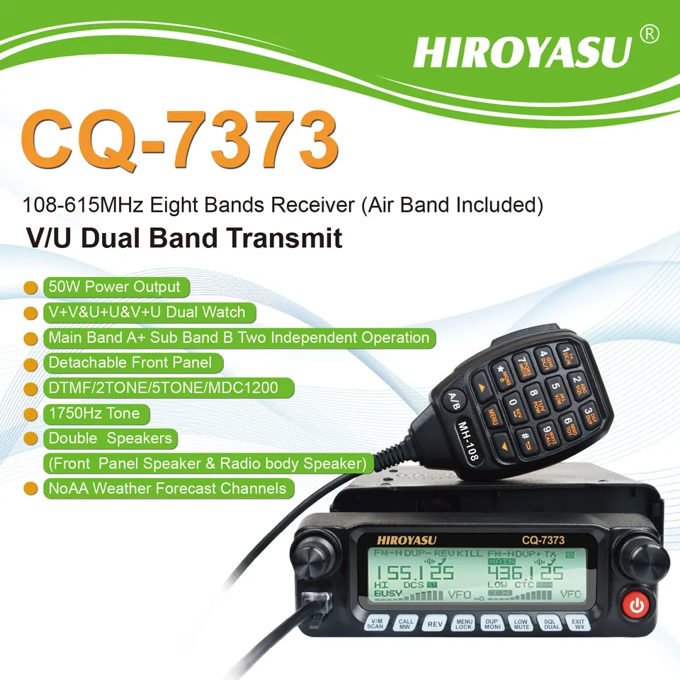 Hiroyasu CQ-7373 Amatérsky mobilný transceiver 50W 100-Air Band RX VHF UHF Dual Band TX predný panel oddelený auta Walkie Talkie