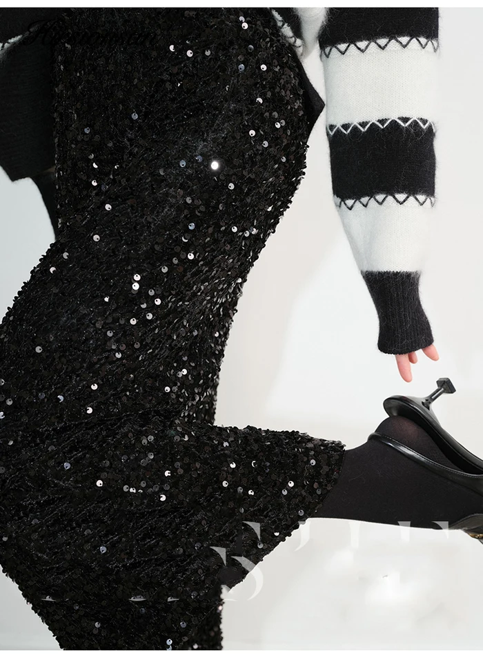 Hirsionsan High Pase Flifred sukňa Ženy 2023 Nová jesenná kancelária Lady Basic Midi Sukňa Chic Elegantná lesklá dlhá čierna sukňa