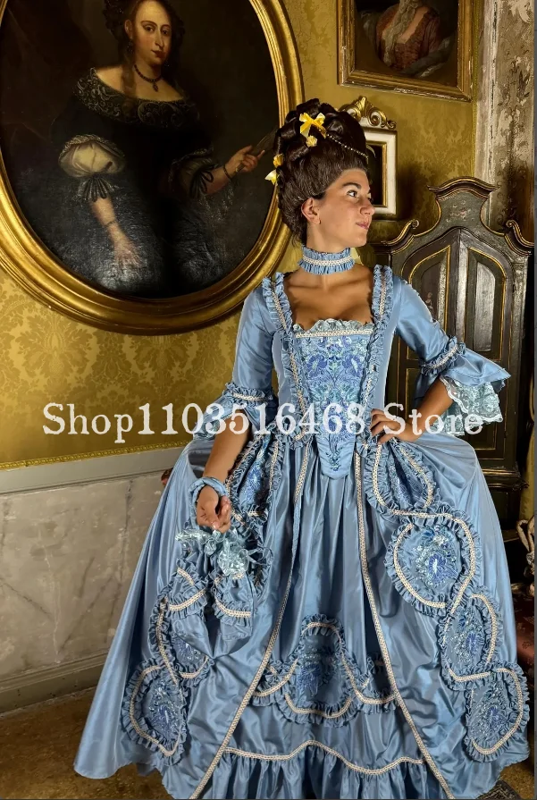 Historické šaty v polovici storočia 2025 Sky Blue Handmade Lace Plepated Appliquéd Vyšívané viktoriánske vlastné operné šaty فساتين سهر nova
