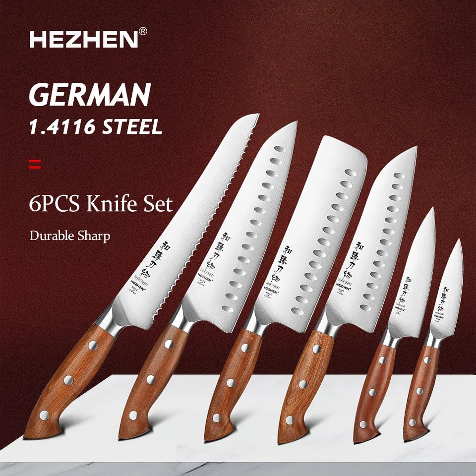 Hizhen 1pc-6pc nemecký din 1.4116 oceľový šéfkuchový nôž súprava vysoko kvalitného redwoodu +nožnice z nehrdzavejúcej ocele kuchyňa Nakiri nože