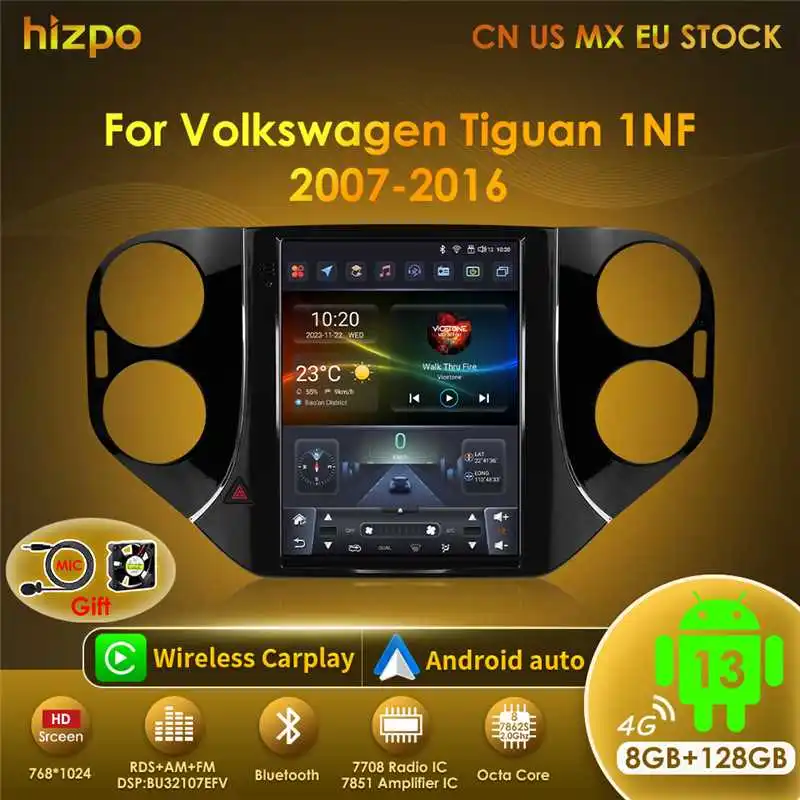 Hizpo 9.7 '' Car Radio Multimedia Player pre VW Volkswagen Tiguan 1NF 2007-2016 2Din Android 13 CarPlay GPS Tesla Style Stereo 4G
