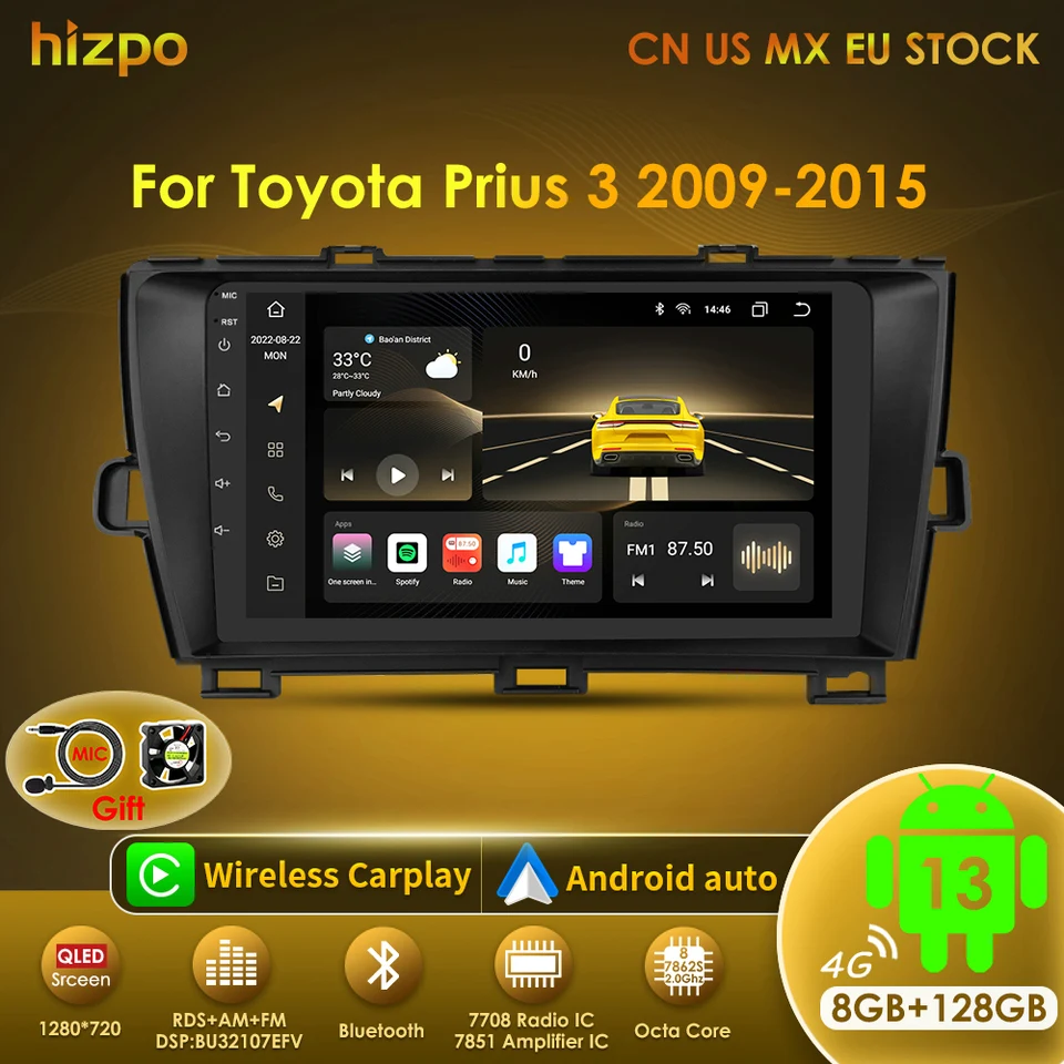 Hizpo QLED 8G+128G Android 13 pre Toyota Prius 3 2009 - 2015 Car Multimedia Video Player GPS Navi Stereo CarPlay DSP AI BT