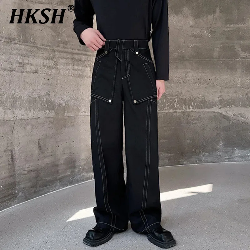 HKSH Autumn New Pánske ležérne nohavice na tmavé oblečenie štýlové elegantné kovové masívne farebné nohavice Priame nohavice voľné vrecká Punk štýl HK2190