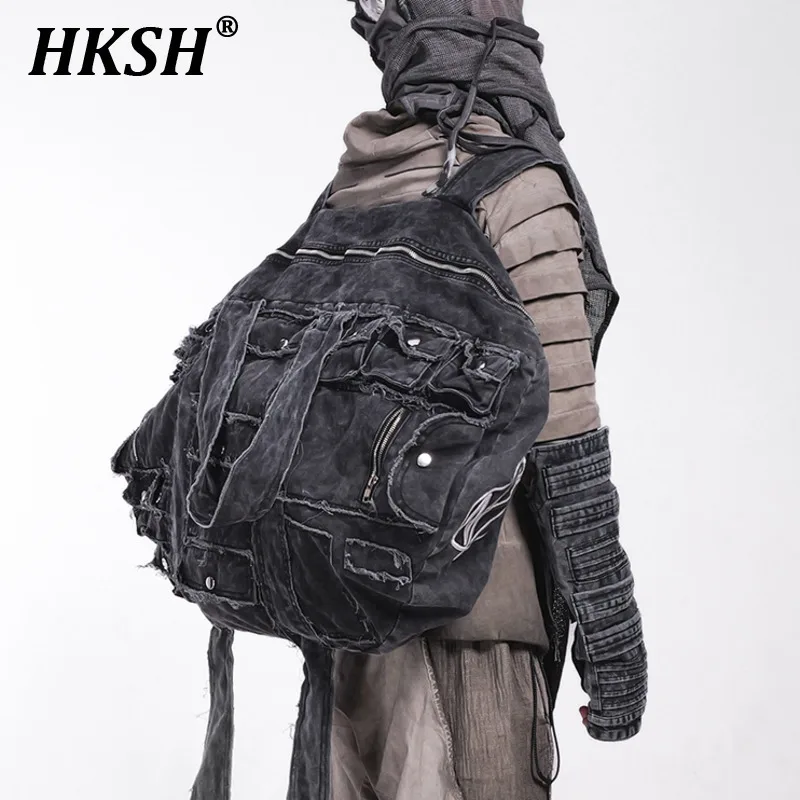 HKSH Pánsky príliv Punk Tmavý odpad Štýlové dvojité rameno ťažké veľké veľké veľkosti Batohwear Cotton Zipper Hip Hop Bag HK3375