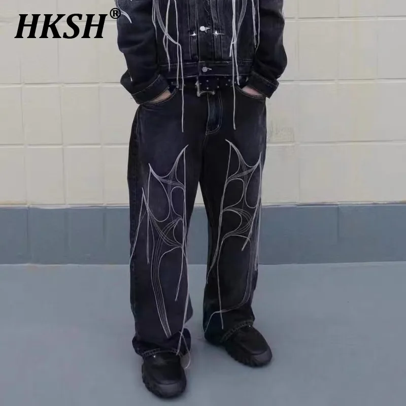 HKSH Spring Autumn nových mužských prílivov Vintage Fringe Džínsy Rovné 3D retro retro americké džínsové džínsové nohavice HK0521