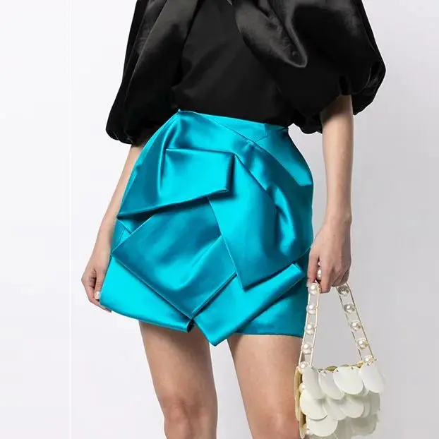 Hladké hodvábne origami sukňa jazero modrá taffeta mini sukňa formálne ples sukne elegantné krátke dizajn
