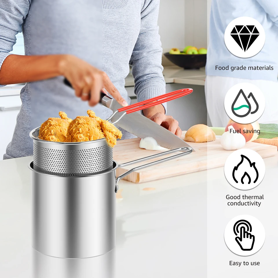 Hlboký hrniec 304 z nehrdzavejúcej ocele s hlbokým fritérom s košom z fóra a nitou rukoväťou Mini Deep Oil Fryer Multifunkčný