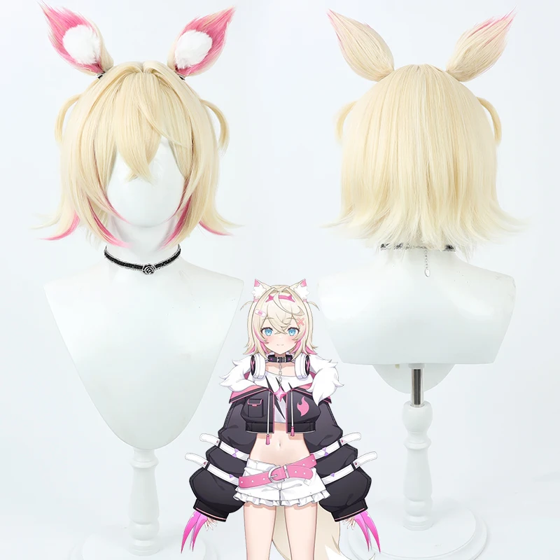 Hlolove Vtuber Mococoa Abssyguard Cosplay Parochňa s uši krátka mliečna ružová zmiešaná tepelne odolná voči syntetickým vlasom Halloween Party
