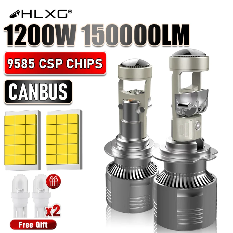 HLXG 1200W H7 CANBUS CAR CAR Svetlomet Mini objektív H11 H9 9005 9006 HB3 HB4 LED projektor Žiarovky 6000K Auto motocyklové šošovky 12V 24V