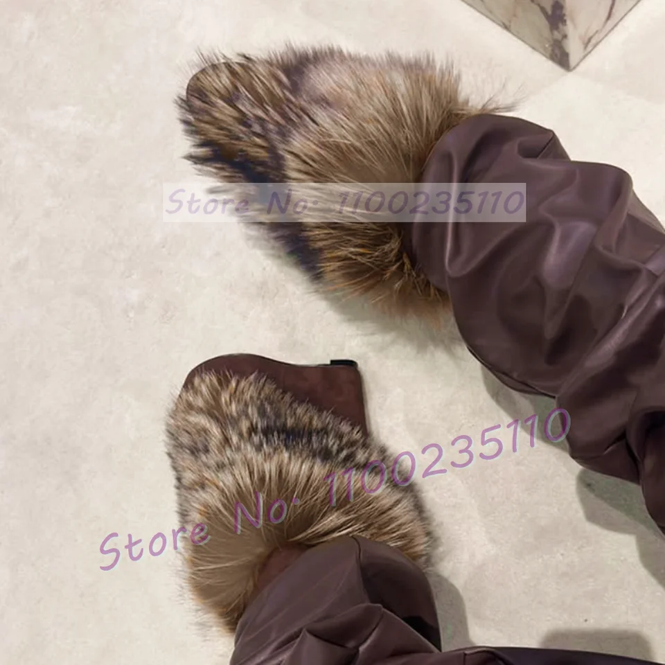 Hnedá kožušinová platforma Wedge topánky Dámske trendy Trendy okolo špičky Zimné snehové topánky Ženské sklzy na patchwork chlpaté topánky