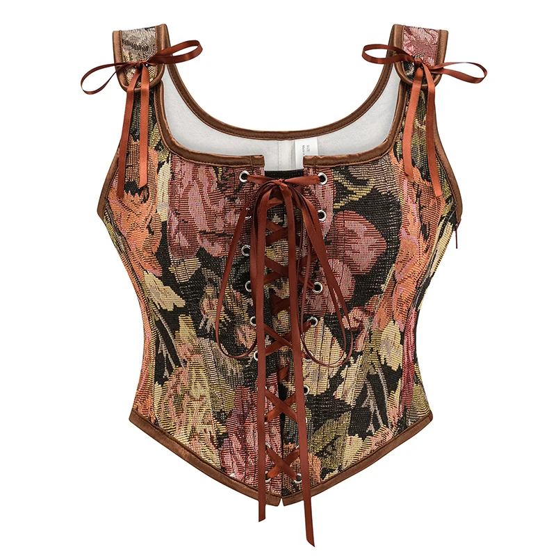 Hnedá kvetinová tlač francúzsky štýl Renaissance korzet top ženy stredoveké šnurovanie vesty gotický módny bustier parný odev