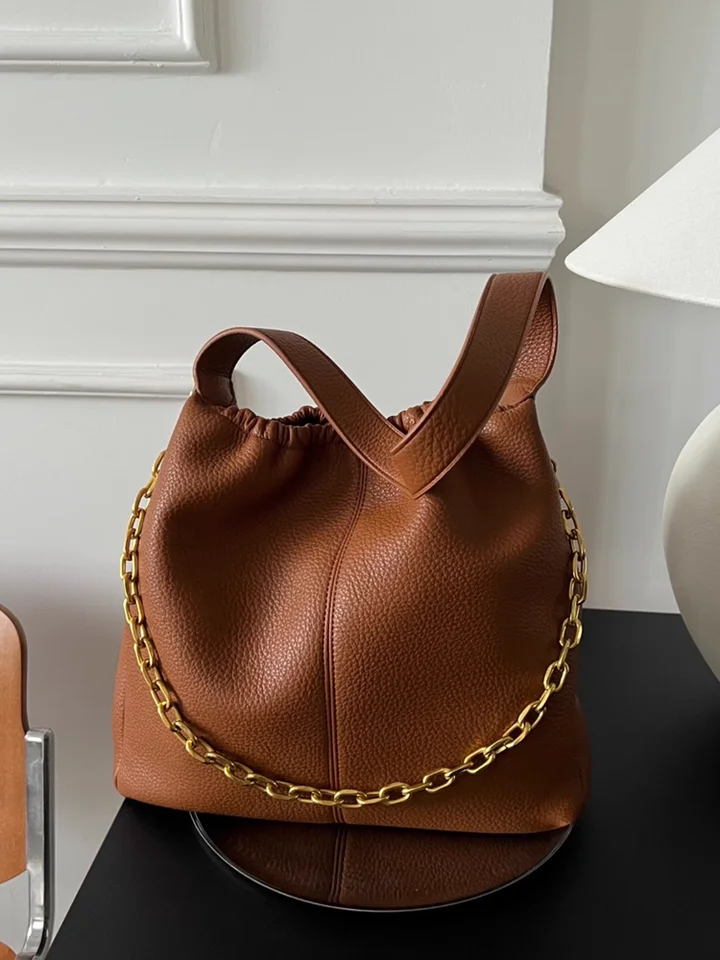 Hnedá módna reťaz originálne kožené ženy Tote Bucket Bag \ kabelka skutočná koža Lady Ramery Under pašty