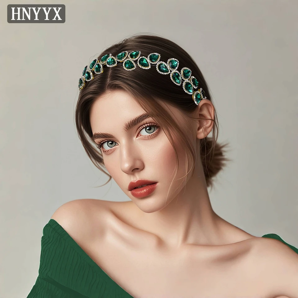 HNYX BLING RHINESTone čelenka móda Denné vlasové príslušenstvo Zelený luxusný vlasový obruč Svadobná strana pokrývok pokrývok pokrývok čelenky A92