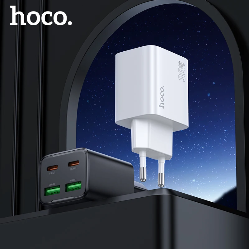 HOCO PD30W Rýchle nabíjanie štyroch nabíjačiek telefónu pre iPhone 15/14 Pro Max Dual USB C QC3.0 Cestovný adaptér pre Samsung S24 S23+