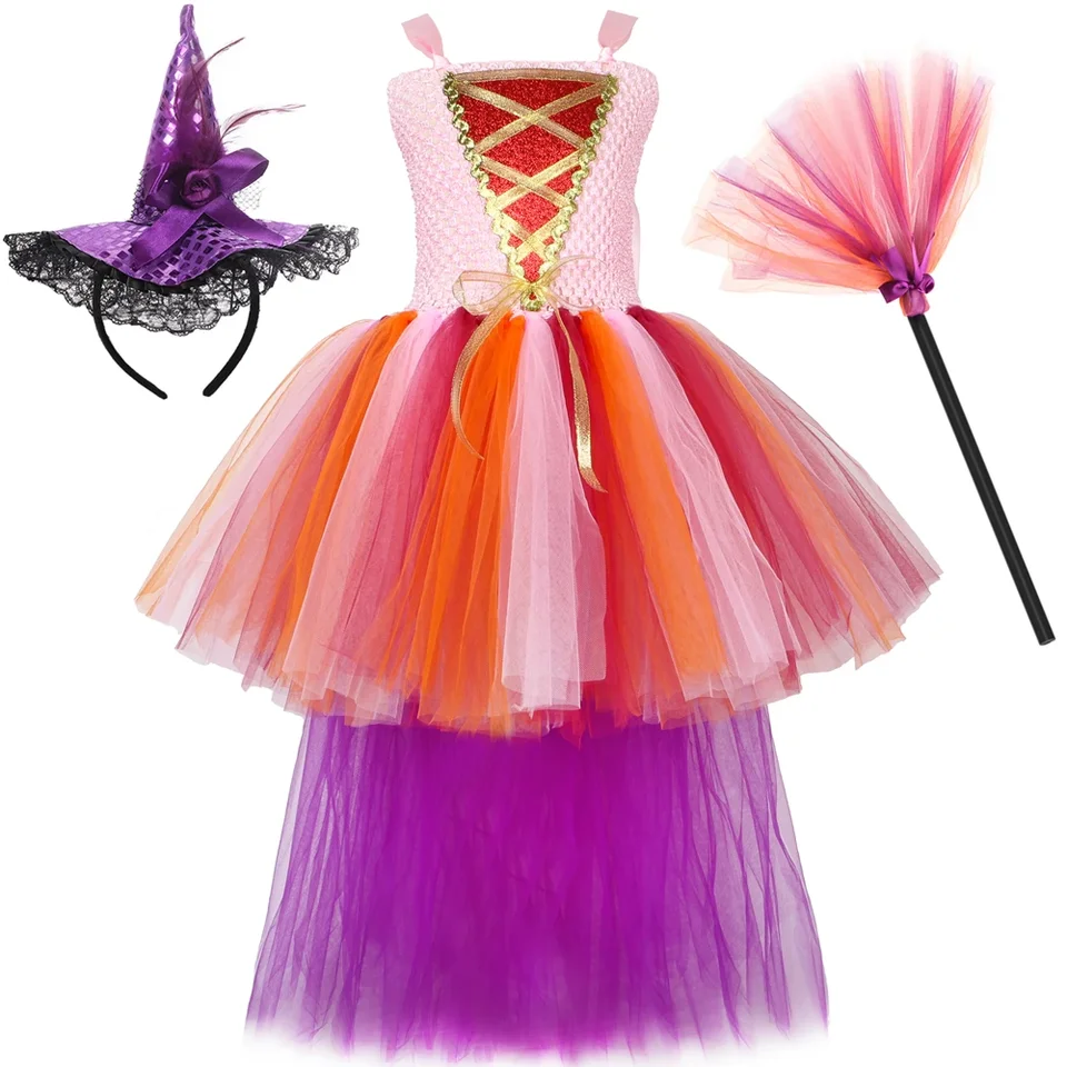 Hocus Pocus čarodejnícky kostým pre dievčatá Halloween Karneval Party oblečenie deti Sarah Sanderson sestra Tutu sa šaty s vlakom