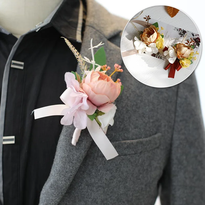 Hodváb Boutonniere Svadobné zápästie Korzná družička Groommans Umelý ružový náramok kvety na svadobnú tanečnú párty dekorácie