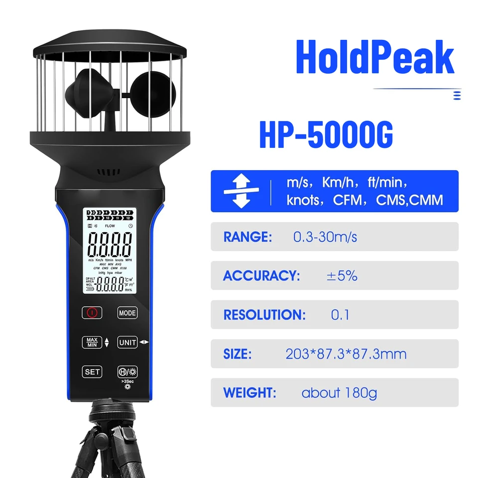 Holdpeak HP-5000G Multifunkčný anemometer, meria rýchlosť vetra, objem vzduchu a teplotu s podsvietenským displejom (modrá)