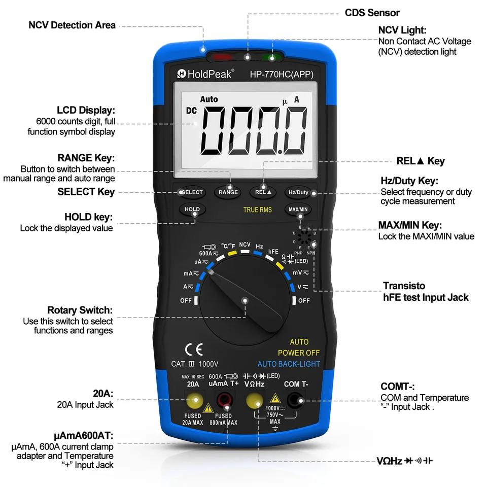 Holdpeak HP-770HC-App True RMS Auto Ranging Digital Multimeter s funkciou NCV a testom teploty/pracovného cyklu s Bluetooth