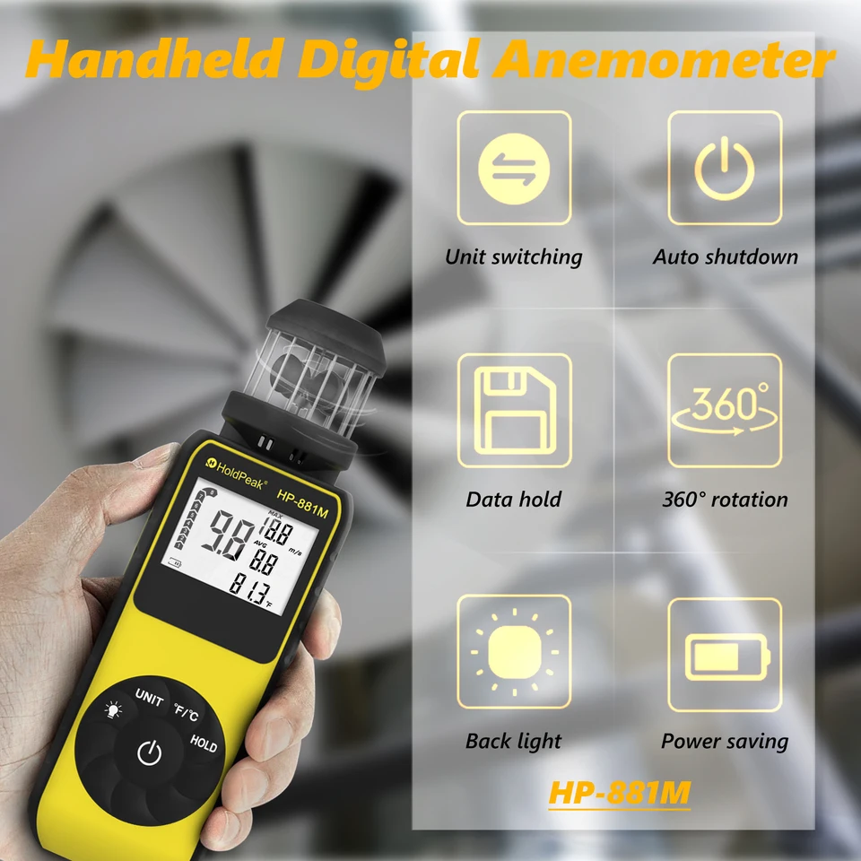 Holdpeak HP-881M Digital Anemometer s viacerými jednotkami a veternou škálou Beaufort-prenosný nástroj na meranie rýchlosti rýchlosti vetra